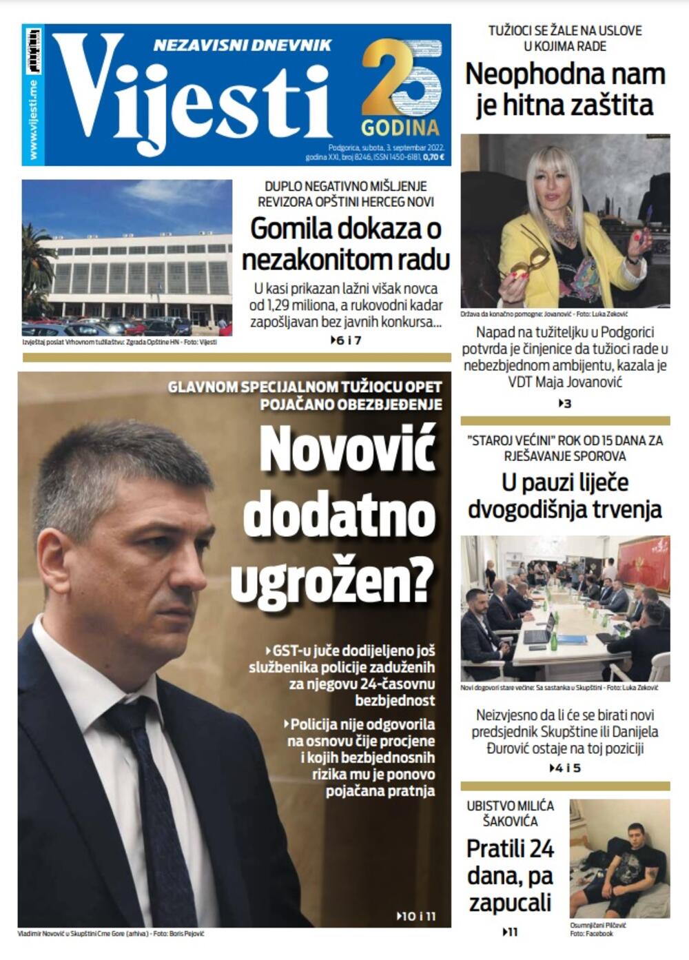 Naslovna strana "Vijesti" za 3. septembar 2022., Foto: Vijesti