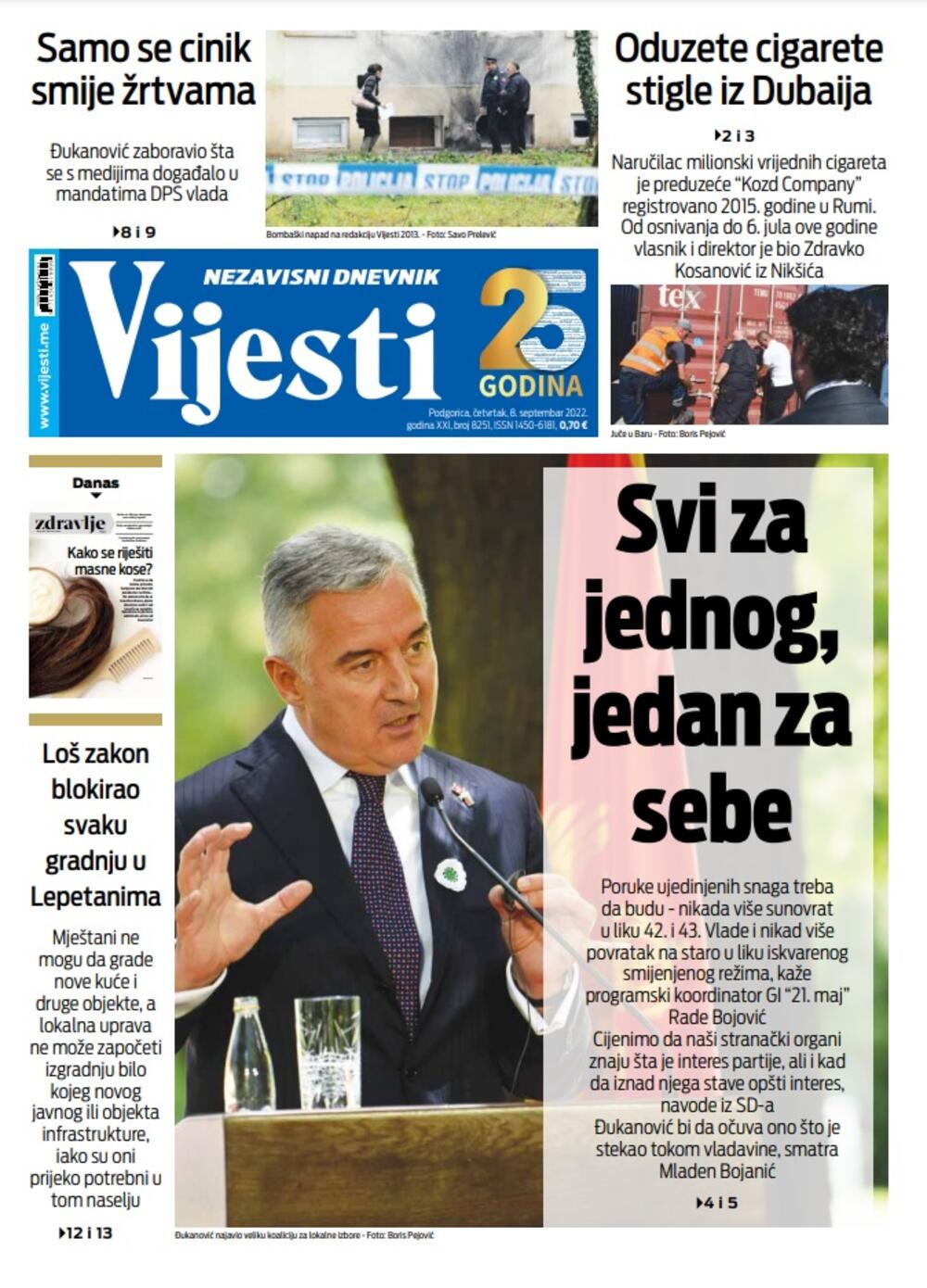 Naslovna strana "Vijesti" za 8. septembar 2022. godine, Foto: Vijesti