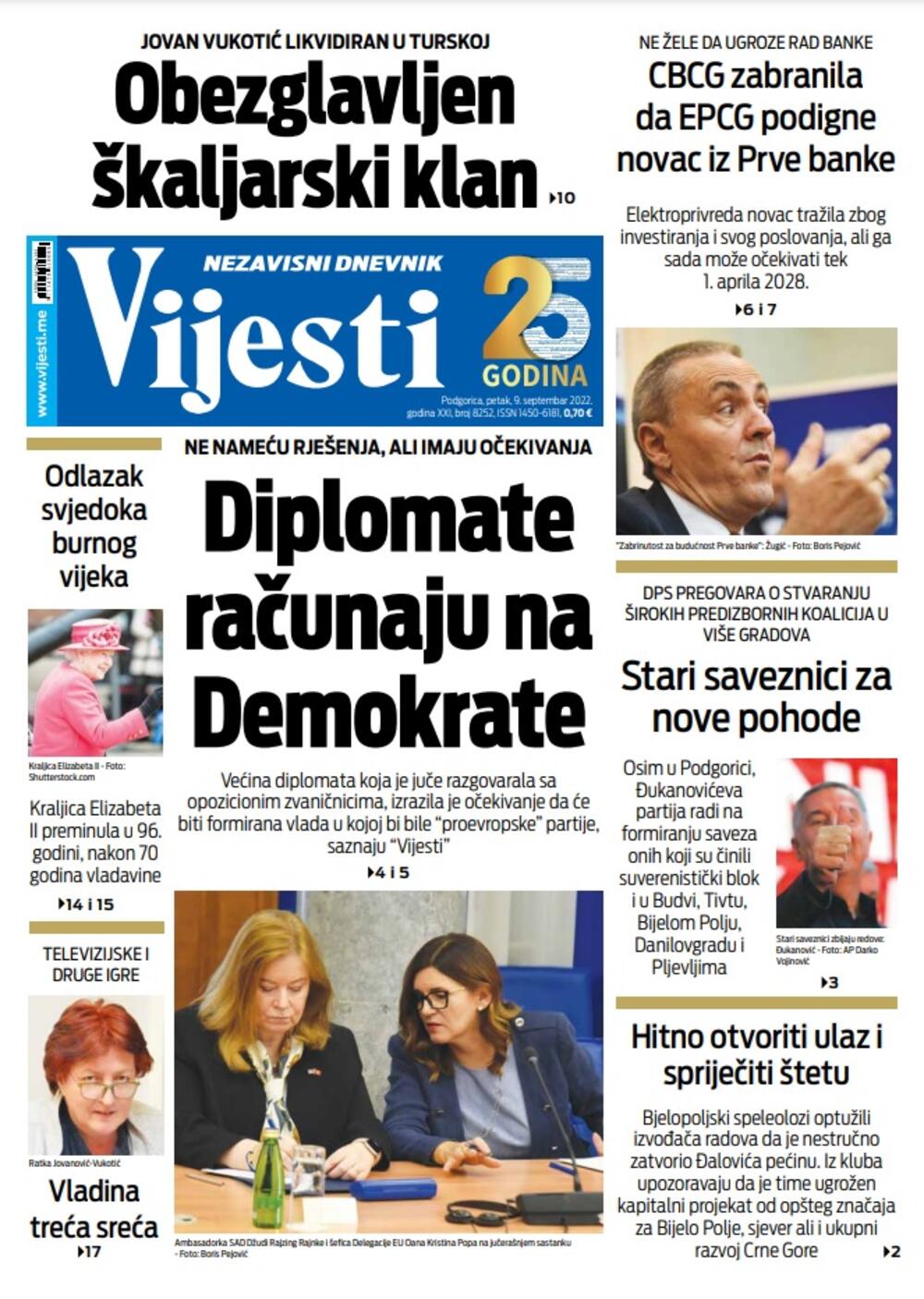 Naslovna strana "Vijesti" za 9. septembar 2022. godine, Foto: Vijesti