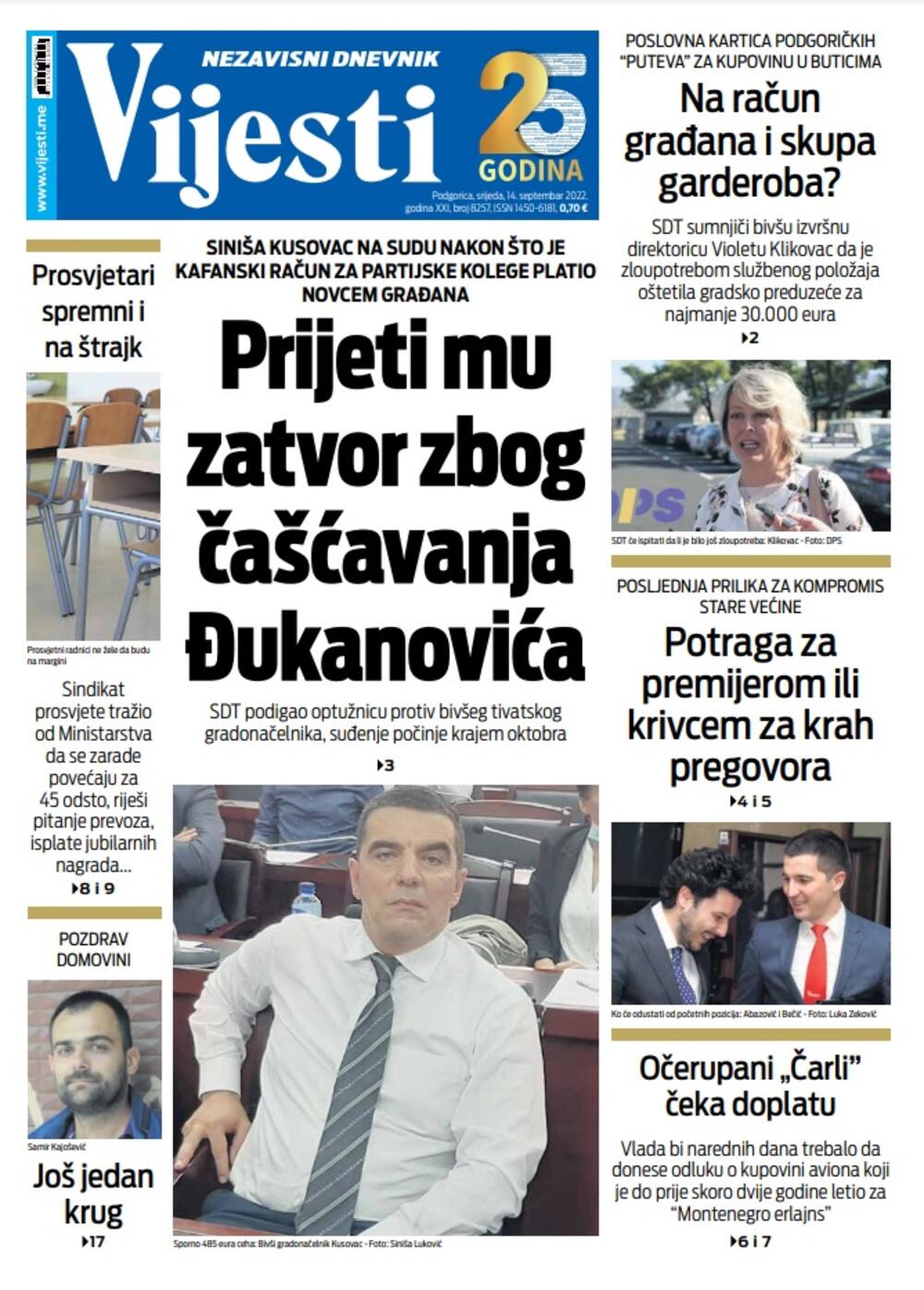 Naslovna strana "Vijesti" za 14. septembar 2022., Foto: Vijesti