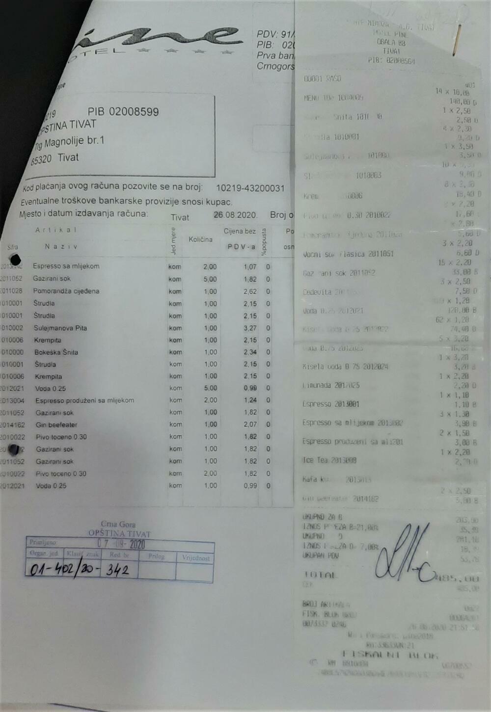 Račun iz hotela Pine