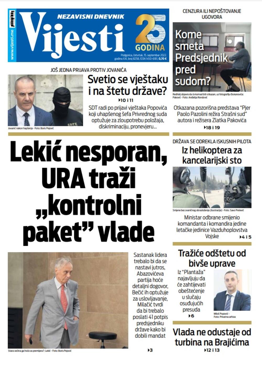 Naslovna strana "Vijesti" za 15. septembar 2022., Foto: Vijesti