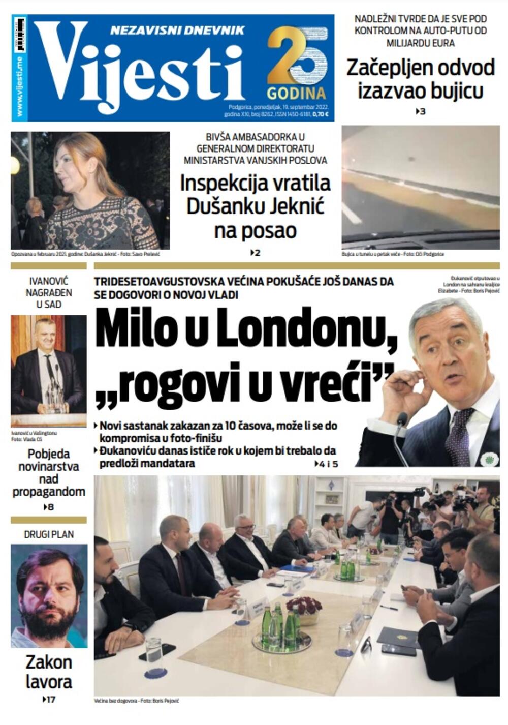Naslovna strana "Vijesti" za ponedjeljak 19. septembar 2022. godine, Foto: Vijesti