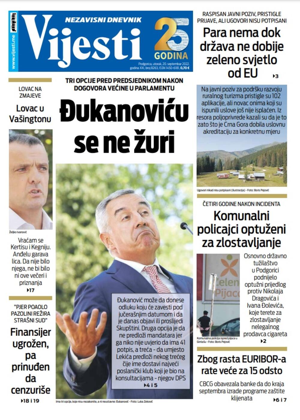 Naslovna strana "Vijesti" za 20. septembar 2022. godine, Foto: Vijesti