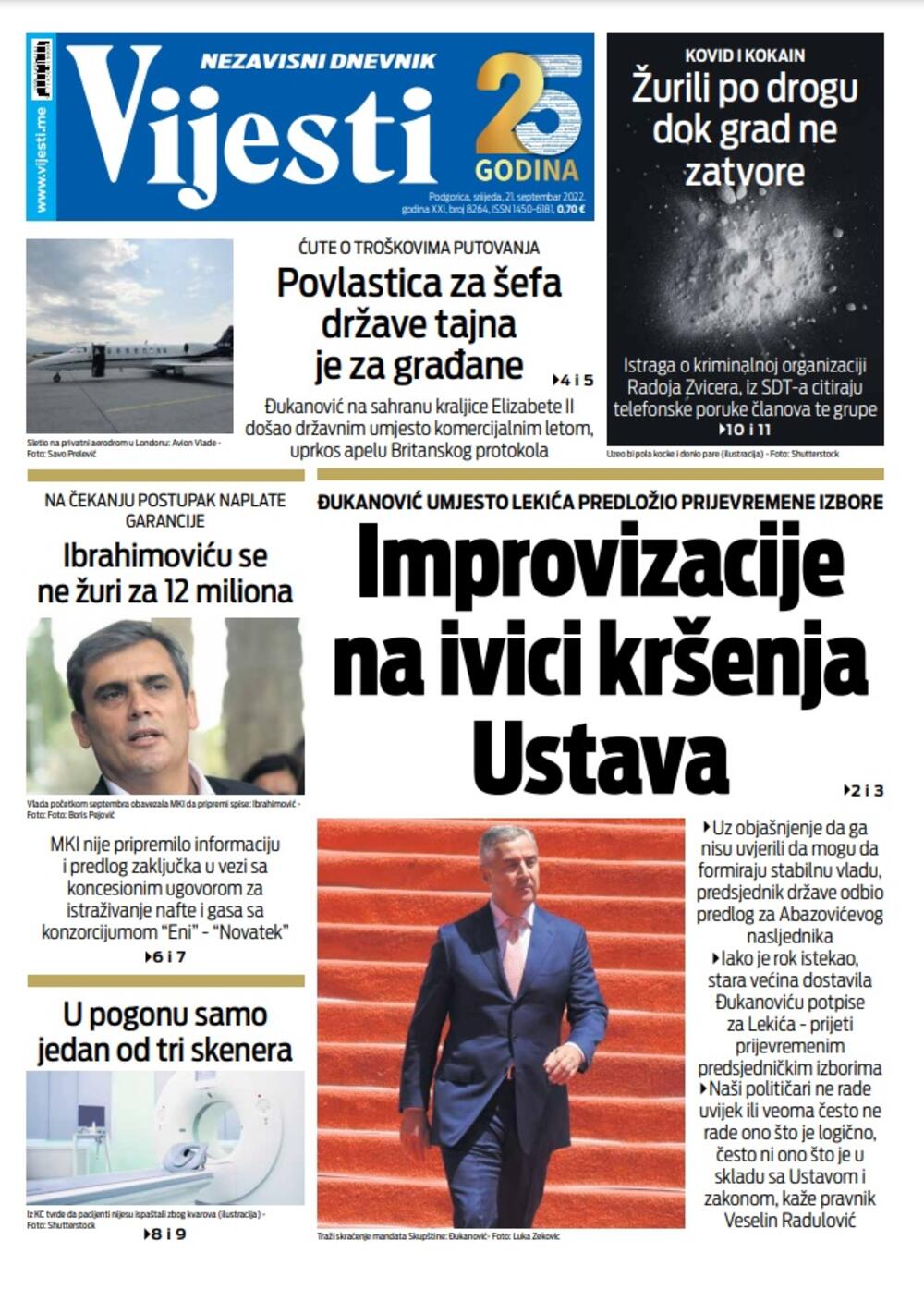 Naslovna strana "Vijesti" za 21. septembar 2022. godine, Foto: Vijesti