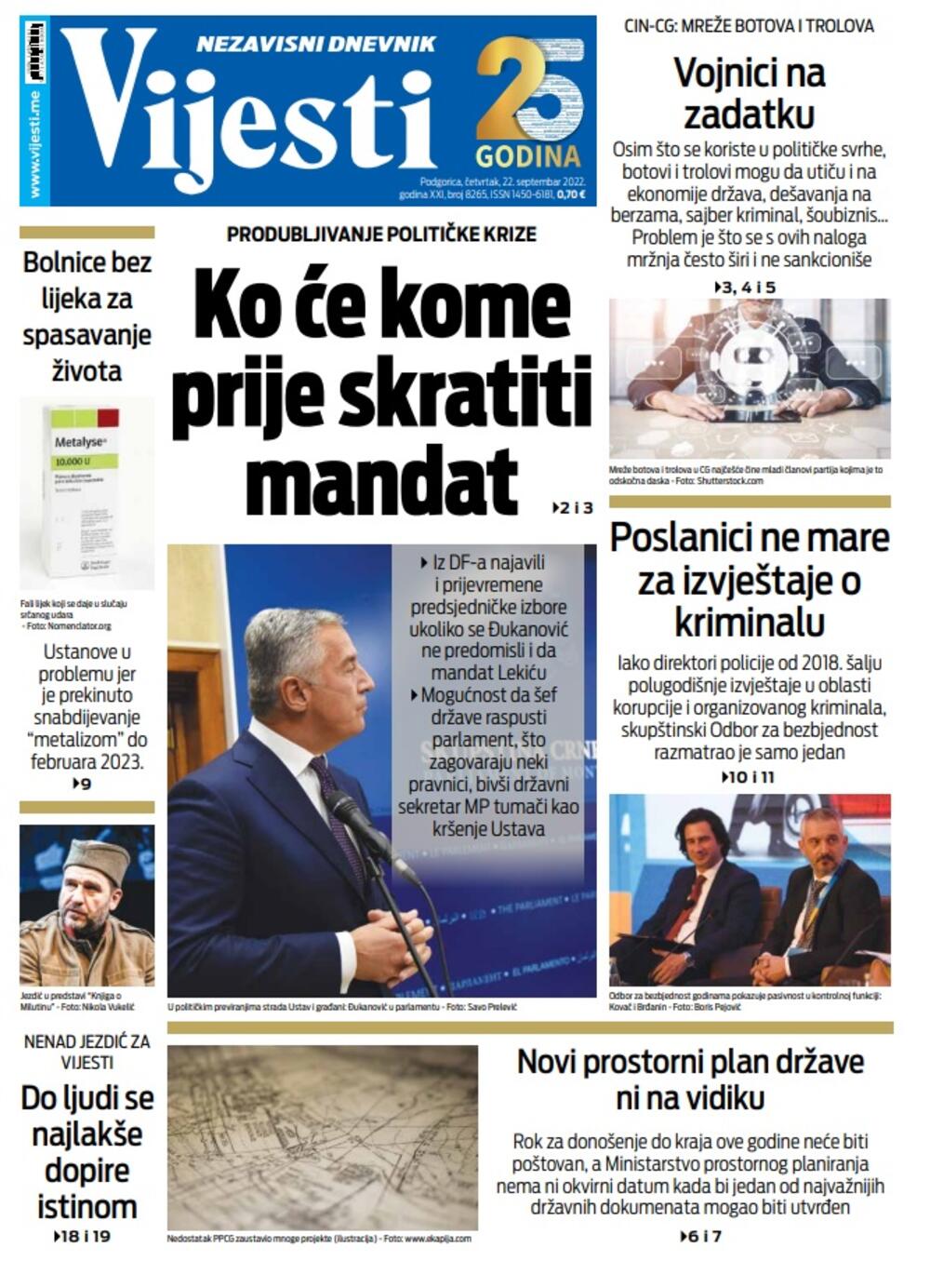 Naslovna strana "Vijesti" za četvrtak 22. septembar 2022. godine, Foto: Vijesti