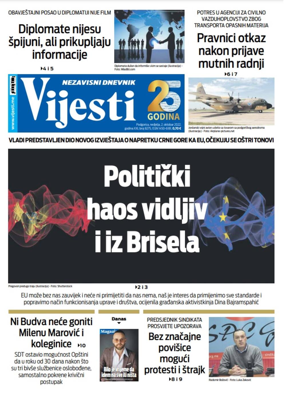 Naslovna strana "Vijesti" za 2. oktobar 2022.