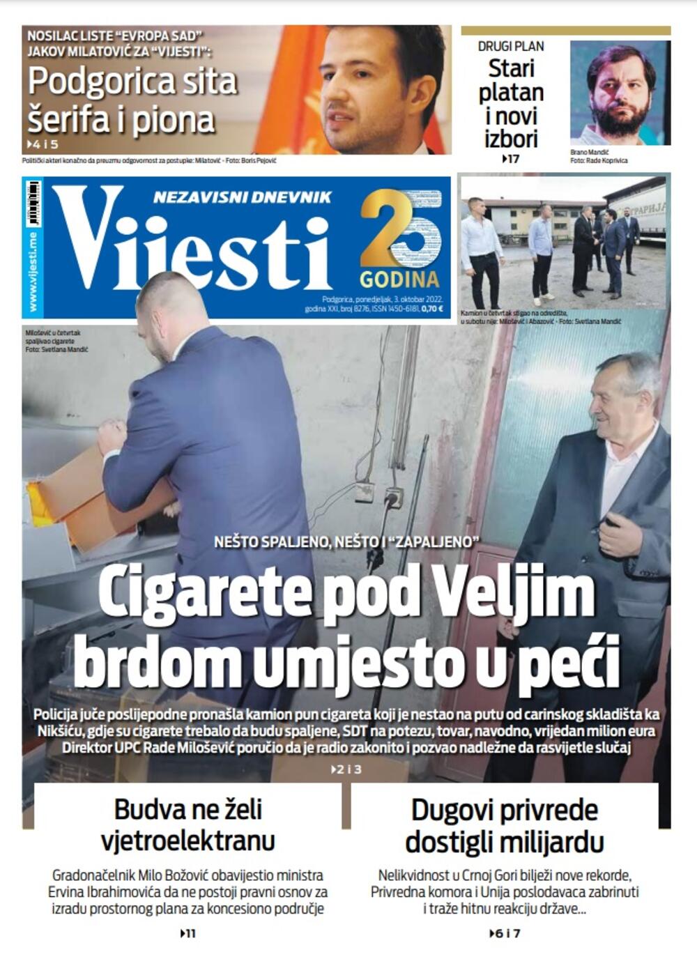 Naslovna strana "Vijesti" za 3. oktobar 2022., Foto: Vijesti