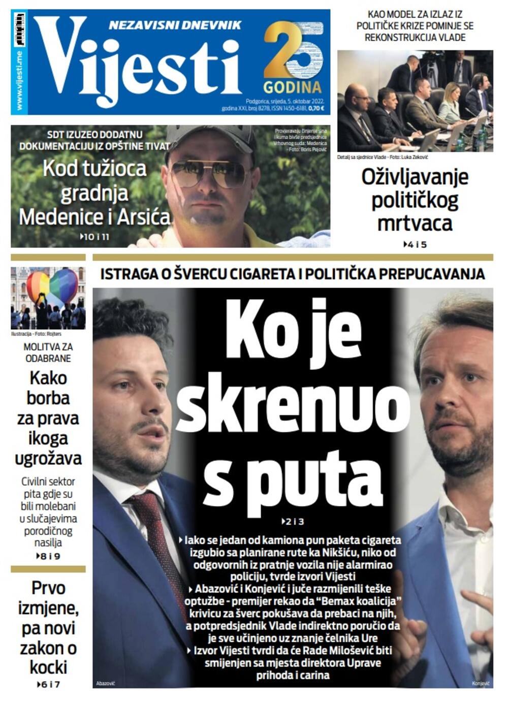Naslovna strana "Vijesti" za srijedu 5. oktobar 2022., Foto: Vijesti