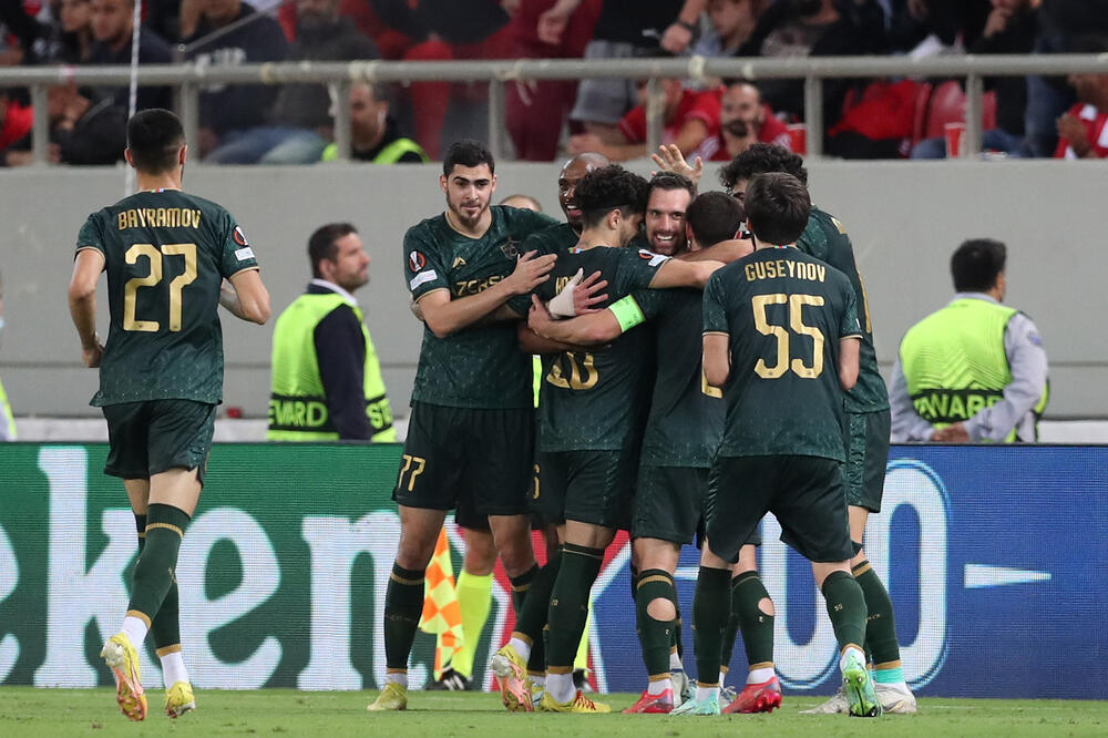 Slavlje igrača Karabaga nakon gola Marka Vešovića, Foto: Reuters/Costas Baltas