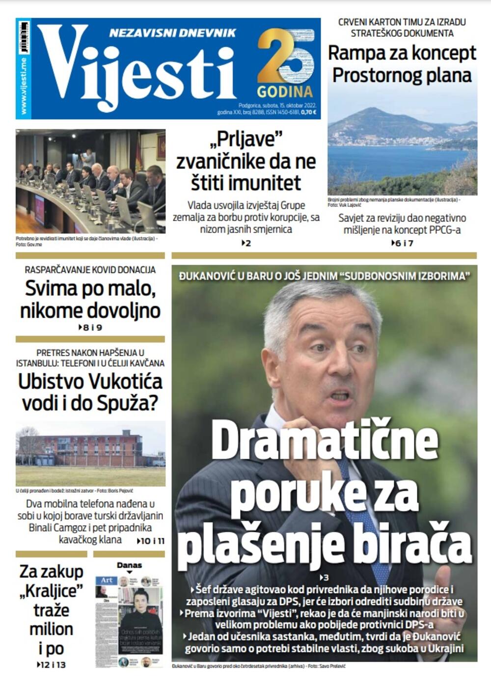 Naslovna strana "Vijesti" za 15. oktobar 2022. godine, Foto: Vijesti