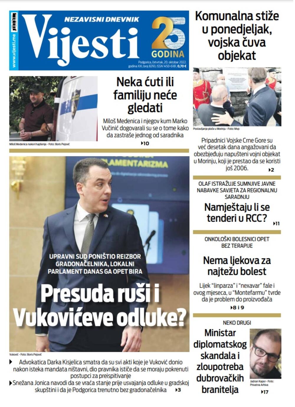 Naslovna strana "Vijesti" za 20. oktobar 2022. godine, Foto: Vijesti