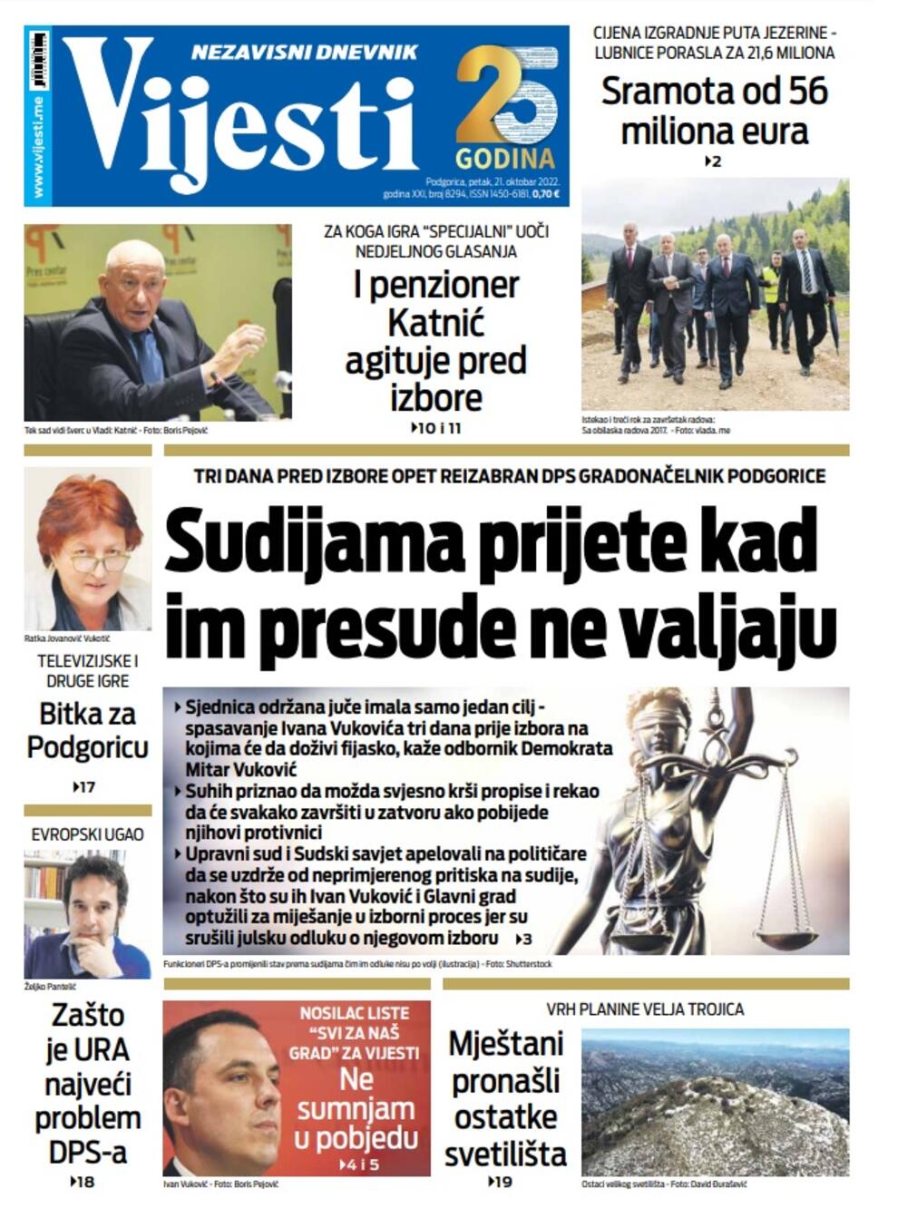 Naslovna strana "Vijesti" za 21. oktobar 2022. godine, Foto: Vijesti