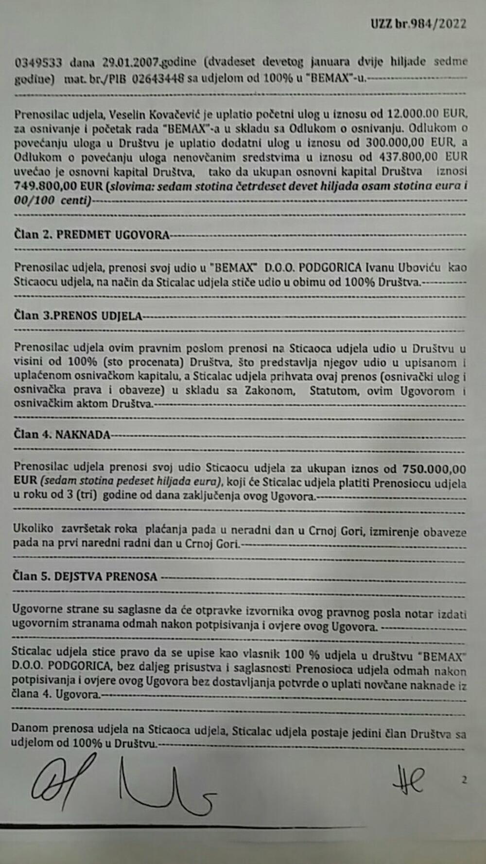 Kupoprodajni ugovor Kovačevića i Ubovića sa spornom cijenom