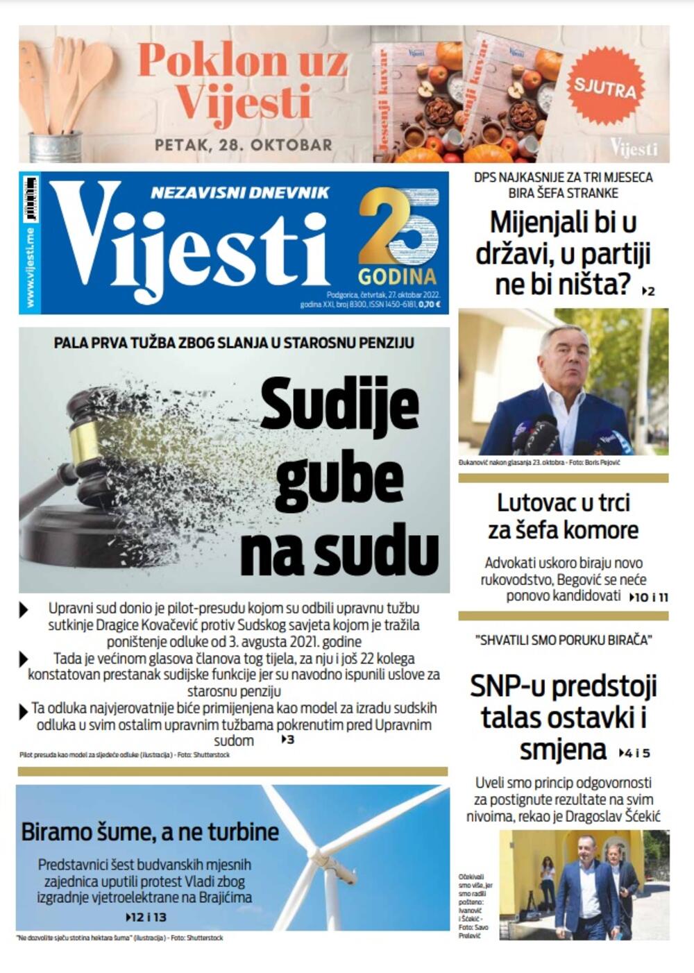 Naslovna strana "Vijesti" za 27. oktobar 2022. godine, Foto: Vijesti