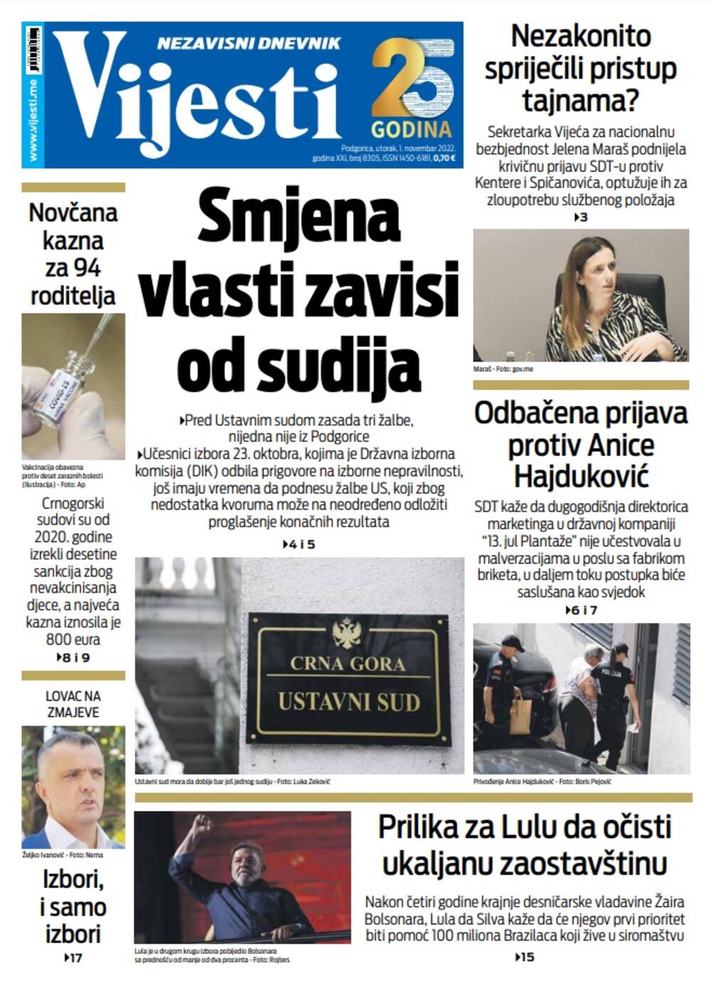 Naslovna strana "Vijesti" za 1. novembar 2022., Foto: Vijesti