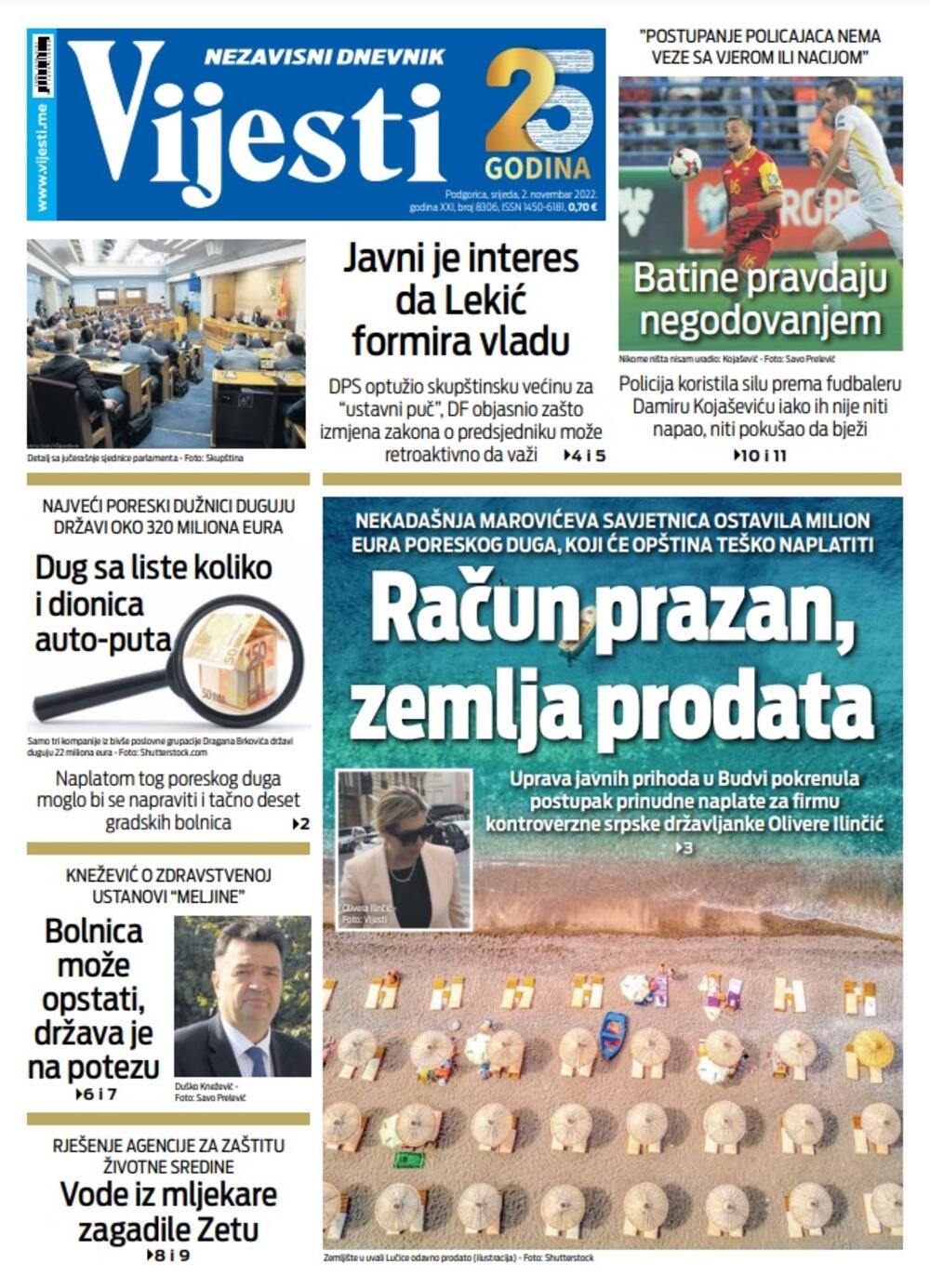 Naslovna strana "Vijesti" za 2. novembar 2022., Foto: Vijesti