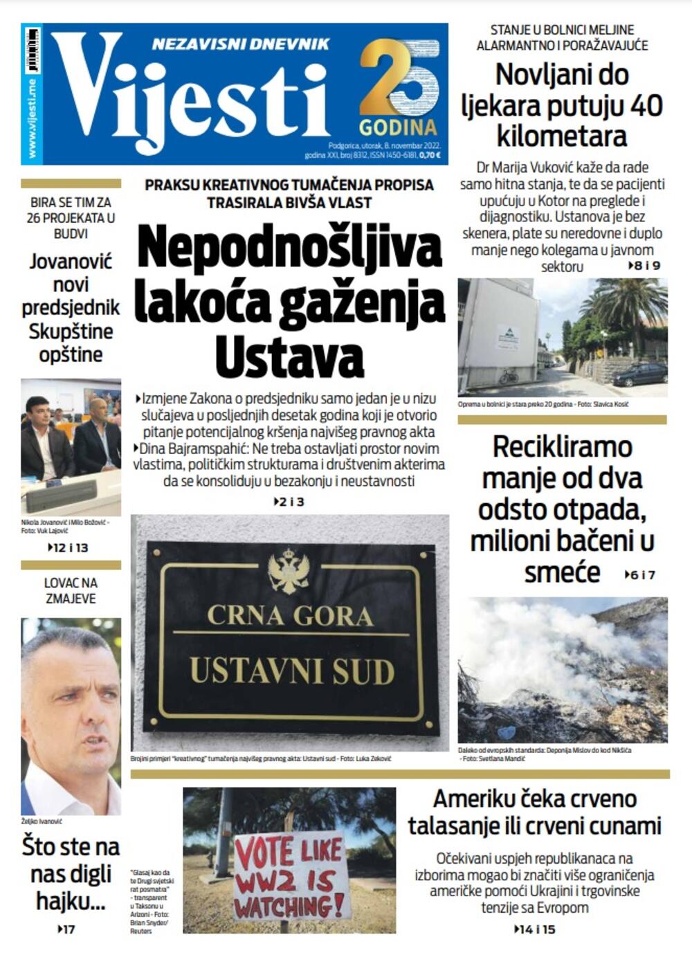 Naslovna strana "Vijesti" za 8. novembar 2022., Foto: Vijesti