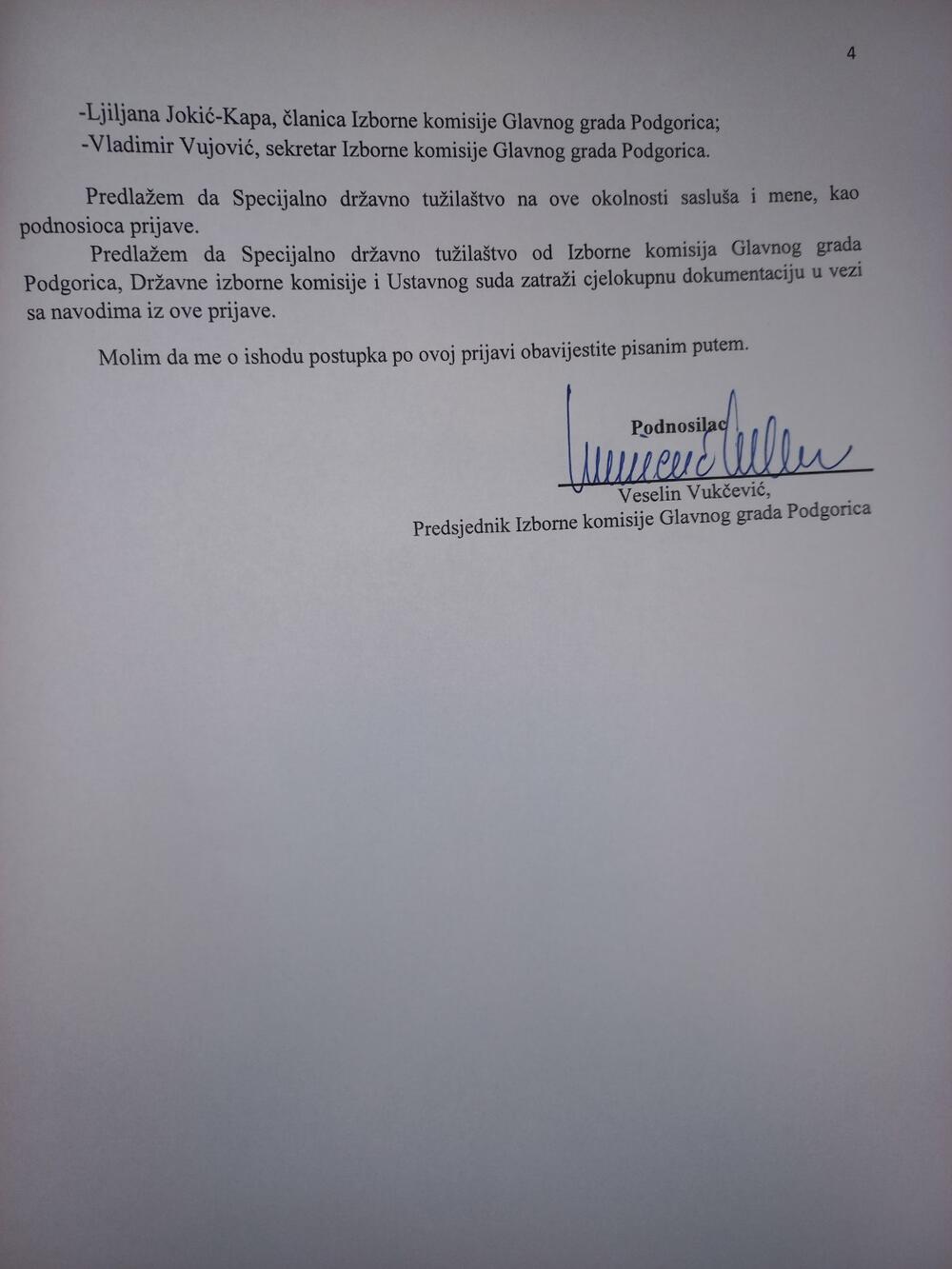 <p>Vukčević je u prijavi naveo da prijavljeni vrše pritisak na njega kako bi se mimo zakonskih normi rezultati lokalnih izbora u Podgorici proglasili konačnim i prije odluke Ustavnog suda</p>