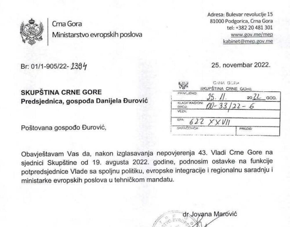 Jovana Marović ostavka