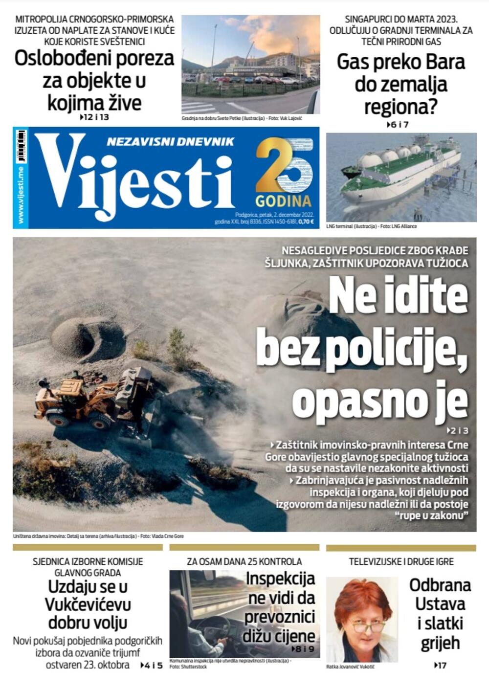Naslovna strana "Vijesti" za 2. decembar 2022., Foto: Vijesti