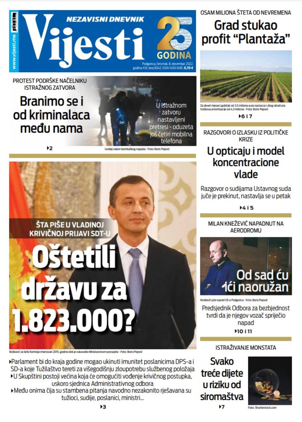Naslovna strana "Vijesti" za 8. decembar 2022. godinu, Foto: Vijesti