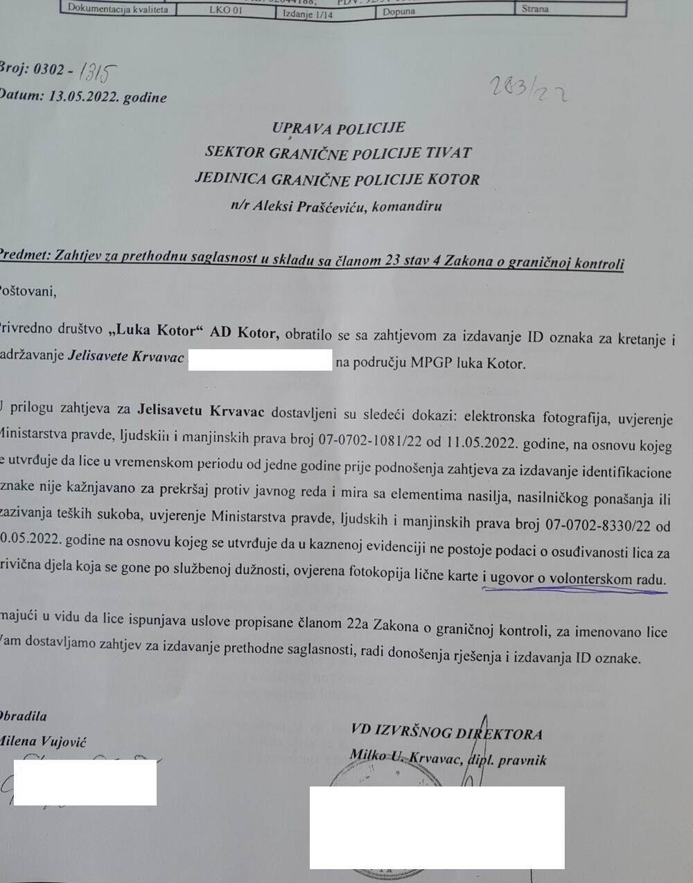 Dokument o angažovanju Jelisavete Krvavac u Luci Kotor