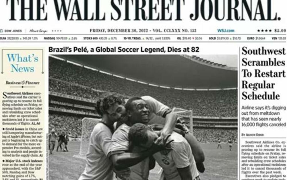 <p>Naslovne strane najuticijanijih svjetskih štampanih medija, i ne samo sportskih, posvećene su kralju fudbala, Peleu.</p>  <p>Edson Arantes do Nasimento, prvi fudbalski supertar i prva ikona "najvažnije sporedne stvari", preminuo je sinoć po centralnoevropskom vremenu u 83. godini.</p>
