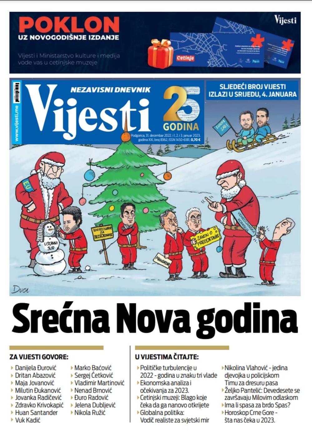 Naslovna strana Vijesti za 31. decembar 2022. i 1. 2. i 3. januar 2023.