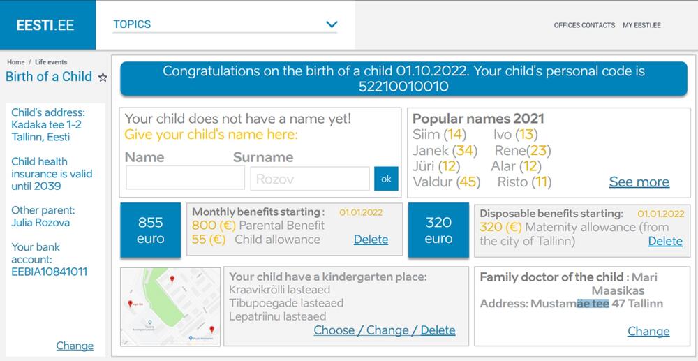 Prikaz ekrana e-servisa za prijavu rođenja bebe