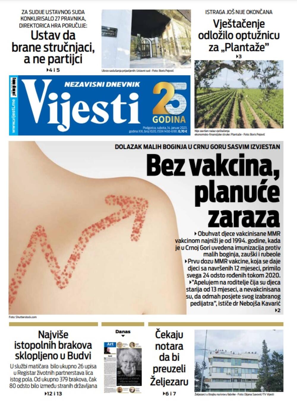 Naslovna strana "Vijesti" za 14. januar 2023. godine, Foto: Vijesti