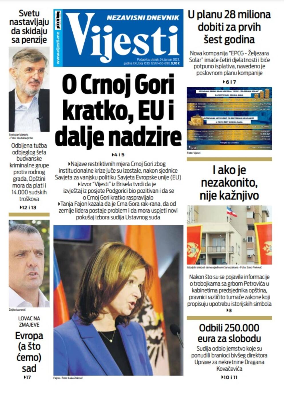 Naslovna strana "Vijesti" za 24. januar 2023., Foto: Vijesti