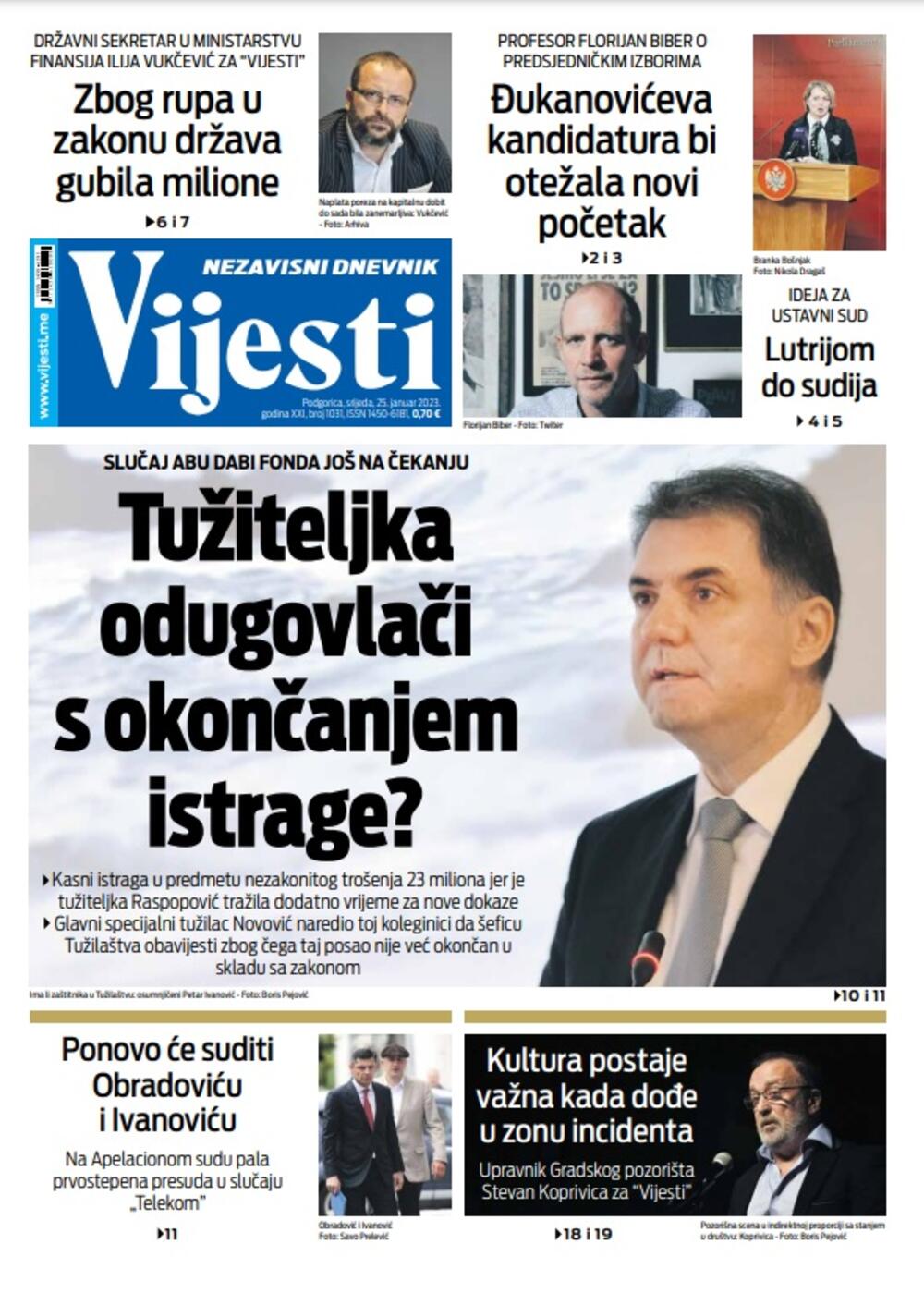 Naslovna strana "Vijesti" za 25. januar 2023., Foto: Vijesti