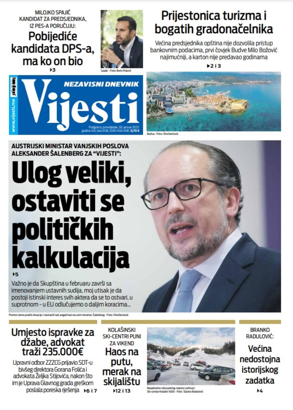 Naslovna strana "Vijesti" za 30. januar 2023., Foto: Vijesti