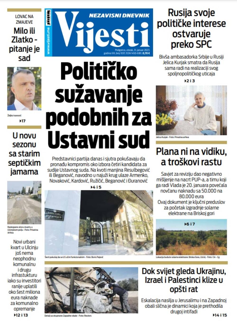 Naslovna strana "Vijesti" za 31. januar 2023., Foto: Vijesti
