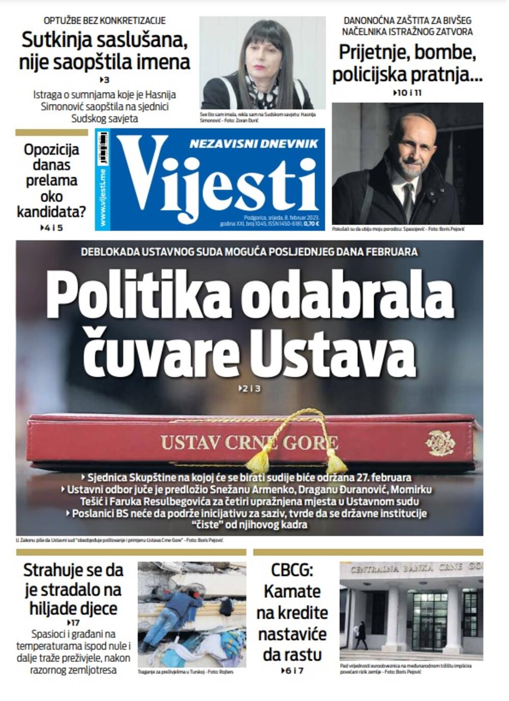 Naslovna strana "Vijesti" za 8. februar 2023., Foto: Vijesti