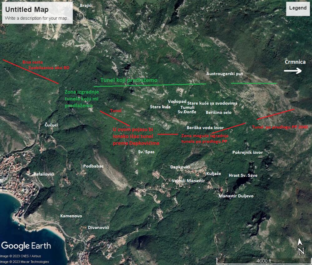 Mapa sa znamenitostima i planiranim tunelom za brzu cestu na Paštrovskoj gori (ilustracija)
