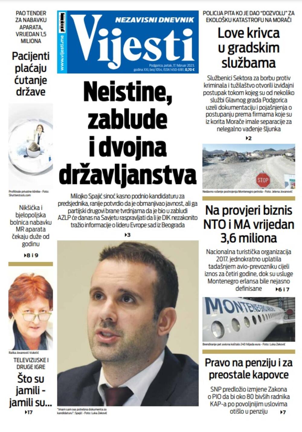 Naslovna strana "Vijesti" za 17. februar 2023. godine, Foto: Vijesti