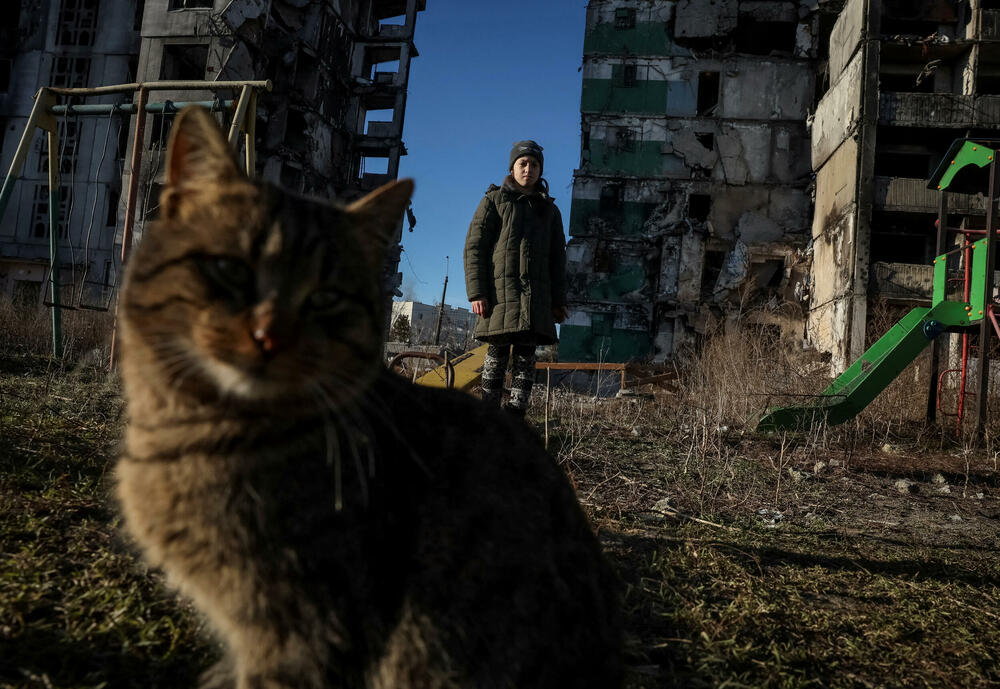 Jedanaestogodišnja Ukrajinka blizu svoje zgrade uništene u ruskom napadu na Borodjanku
