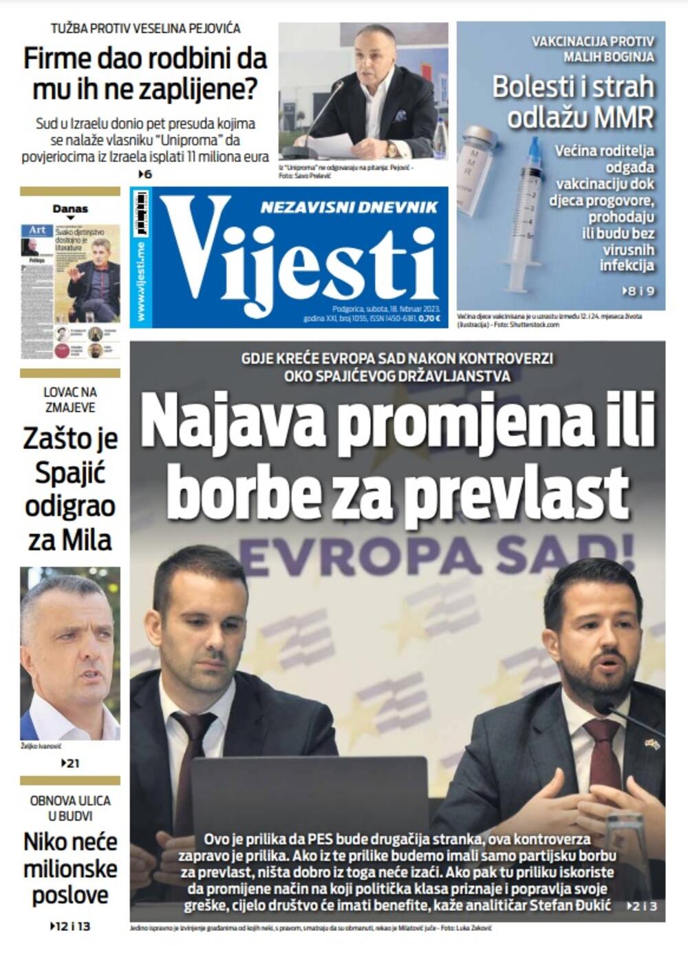 Naslovna strana "Vijesti" za 18. februar 2023. godine, Foto: Vijesti