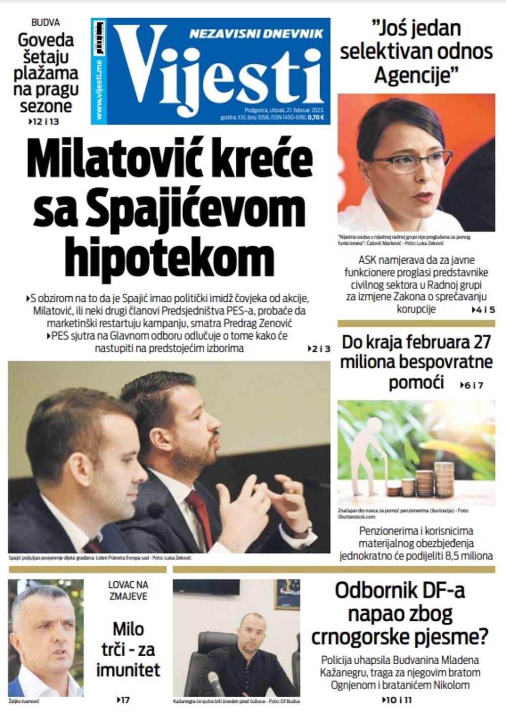 Naslovna strana "Vijesti" za 21. februar 2023., Foto: Vijesti
