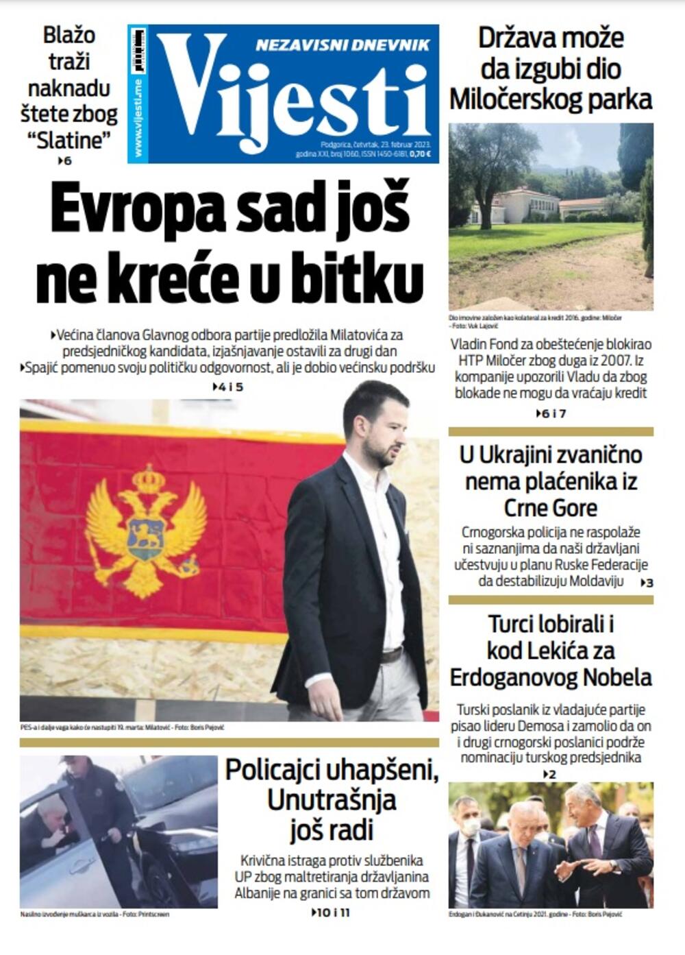 Naslovna strana "Vijesti" za 23. februar 2023. godine, Foto: Vijesti