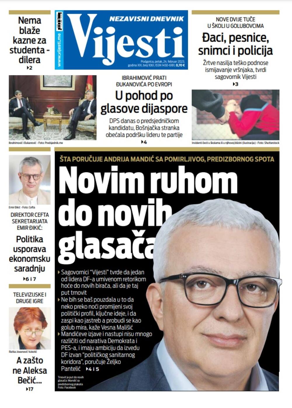 Naslovna strana "Vijesti" za 24. februar 2023. godine, Foto: Vijesti