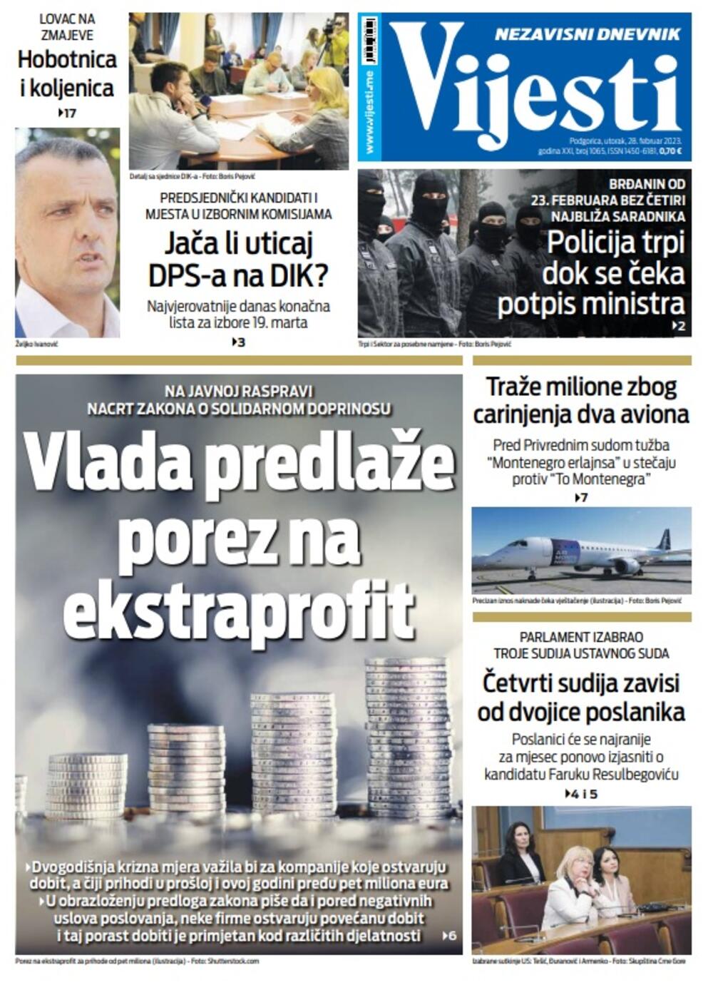 Naslovna strana "Vijesti" za utorak 28. februar 2023. godine, Foto: Vijesti