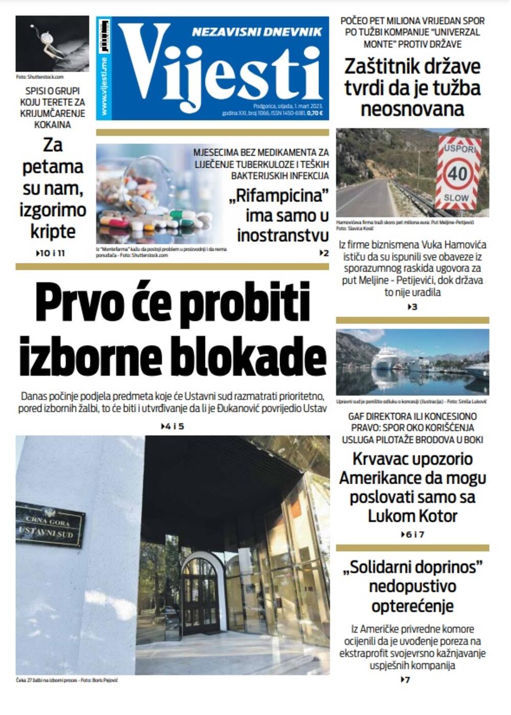 Naslovna strana "Vijesti" za 1. mart 2023. godine, Foto: Vijesti