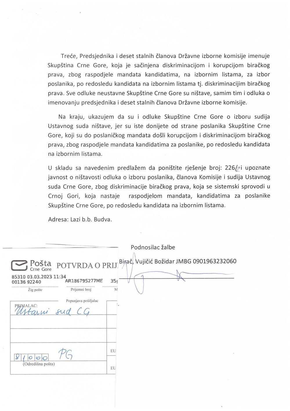 <p>"Istrajavanjem da donesete odluku, o utvrđenju liste kandidata za predsjedničke izbore zakazane za <span id="OBJ_PREFIX_DWT57_com_zimbra_date" role="link"><span id="OBJ_PREFIX_DWT58_com_zimbra_date" role="link">19. mart 2023</span></span>. godine, bez konačne odluke Ustavnog suda po žalbama na utvrđenje kandidature pojedinih kandidata, obesmislili biste institut zaštite biračkog prava"</p>