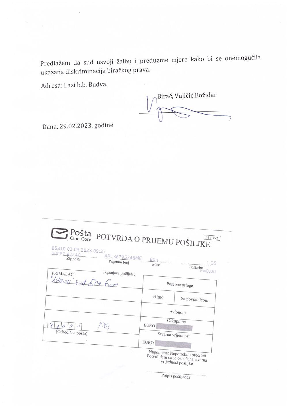 <p>"Istrajavanjem da donesete odluku, o utvrđenju liste kandidata za predsjedničke izbore zakazane za <span id="OBJ_PREFIX_DWT57_com_zimbra_date" role="link"><span id="OBJ_PREFIX_DWT58_com_zimbra_date" role="link">19. mart 2023</span></span>. godine, bez konačne odluke Ustavnog suda po žalbama na utvrđenje kandidature pojedinih kandidata, obesmislili biste institut zaštite biračkog prava"</p>