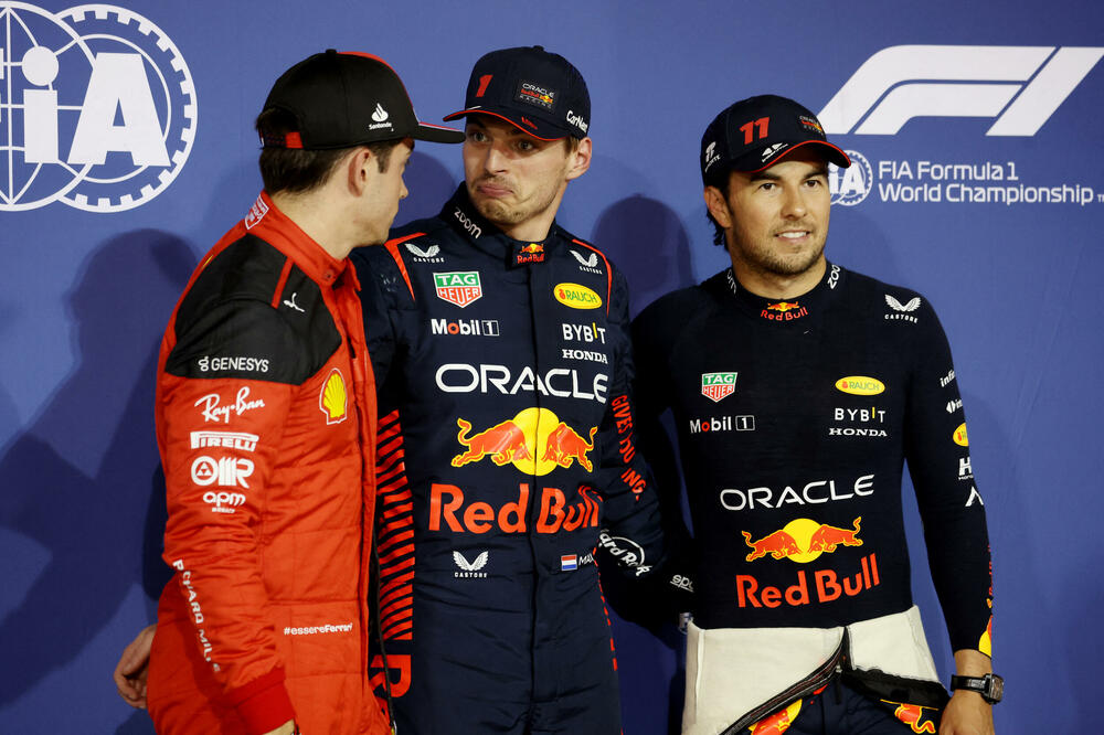 Maks Ferstapen sa Serhio Peresom i Šarlom Leklerom, Foto: Reuters/Nir Elias