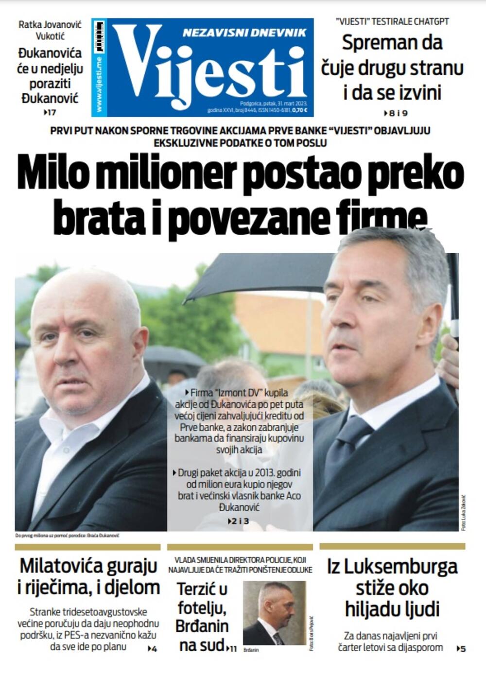 Naslovna strana "Vijesti" za 31. mart 2023. godine, Foto: Vijesti