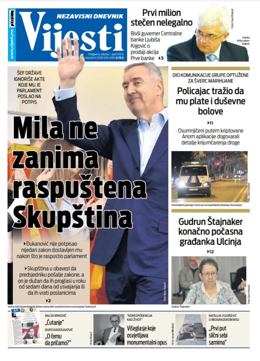 Naslovna strana "Vijesti" za 1. april 2023. godine, Foto: Vijesti